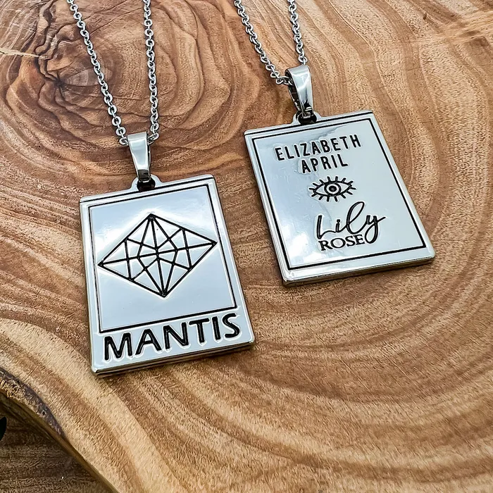 Lily Rose Jewelry Necklaces Elizabeth April EA Mantis 2 Sided Channeled Attuned Evil Eye Protection Cosmic Species Sacred Geometry Card Tag Pendant 18 White Gold Necklace