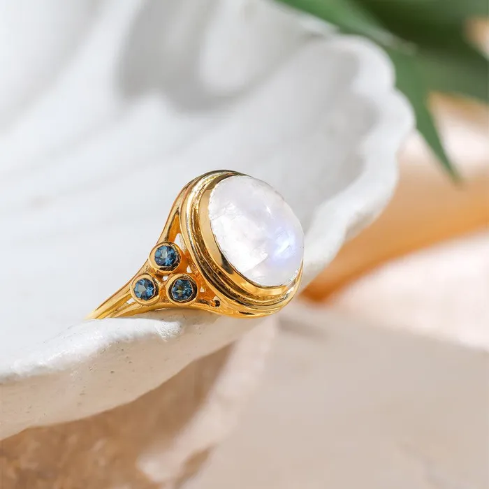 Moonstone London Blue Topaz 14K Gold Plated Over 925 Silver Promise Ring YoTreasure Rings