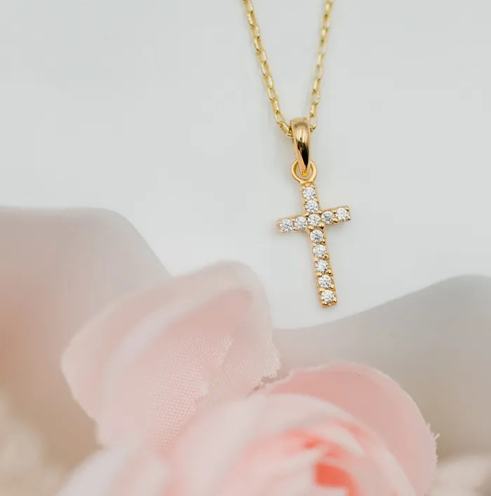 Necklaces Cherished Moments 14K GoldPlated Childrens Cross Necklace with CZs for Girls