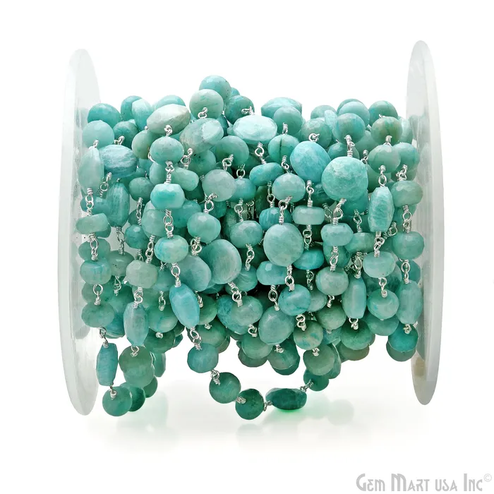 Necklaces GemmartUSA Amazonite Coin 78mm Silver Plated Rough Beads Rosary Chain Necklaces GemmartUSA Amazonite Coin 78mm Silver Plated Rough Beads Rosary Chain