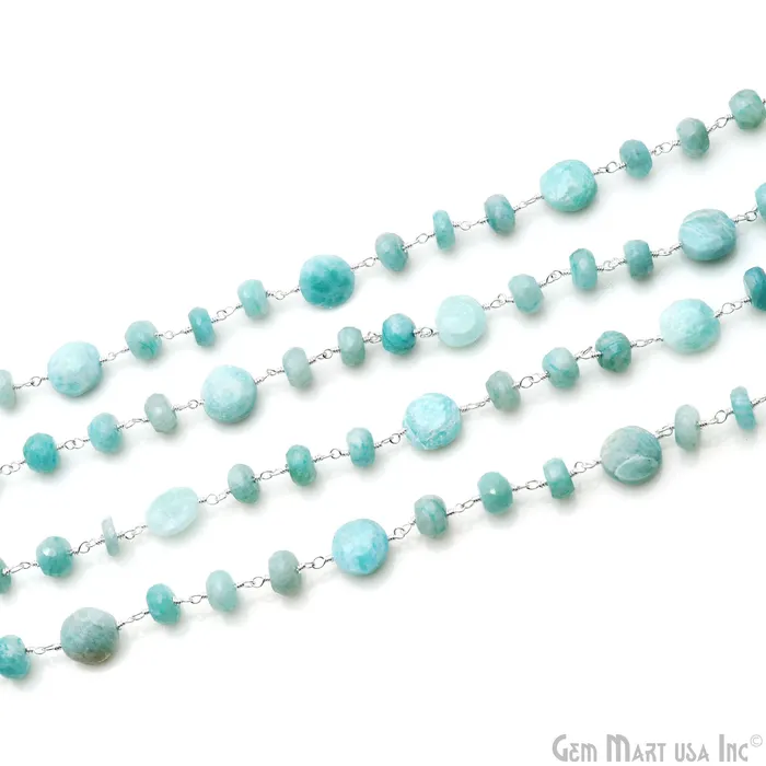Necklaces GemmartUSA Amazonite Coin 78mm Silver Plated Rough Beads Rosary Chain Necklaces GemmartUSA Amazonite Coin 78mm Silver Plated Rough Beads Rosary Chain