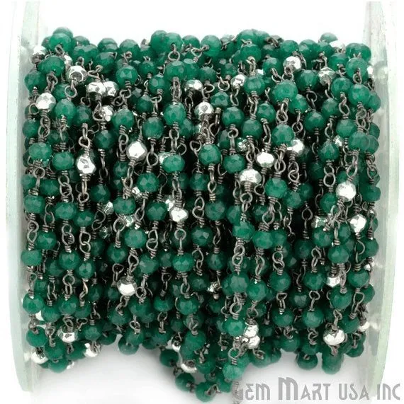 Necklaces GemmartUSA Green Onyx Silver Pyrite Beads 335mm Oxidized Wire Wrapped Rosary Chain Necklaces GemmartUSA Green Onyx Silver Pyrite Beads 335mm Oxidized Wire Wrapped Rosary Chain