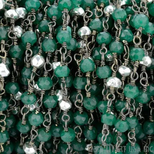 Necklaces GemmartUSA Green Onyx Silver Pyrite Beads 335mm Oxidized Wire Wrapped Rosary Chain Necklaces GemmartUSA Green Onyx Silver Pyrite Beads 335mm Oxidized Wire Wrapped Rosary Chain