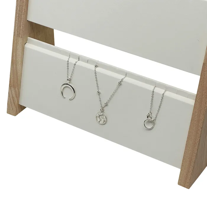Necklaces JPIDisplay 2 Tier Wood and White Leatherette Necklace Jewelry Display Necklaces JPIDisplay 2 Tier Wood and White Leatherette Necklace Jewelry Display