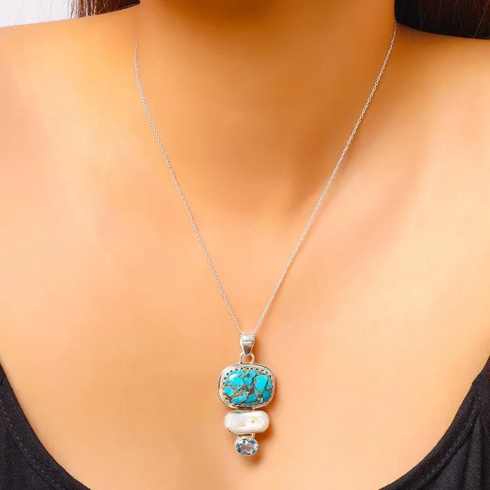 Necklaces YoTreasure Blue Copper Turquoise Solid 925 Sterling Silver Chain Pendant Jewelry Necklaces YoTreasure Blue Copper Turquoise Solid 925 Sterling Silver Chain Pendant Jewelry