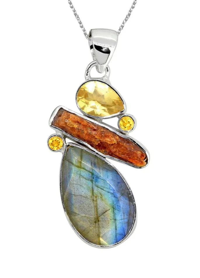 Necklaces YoTreasure Labradorite Orange Kyanite Solid 925 Sterling Silver Pendant Necklace Necklaces YoTreasure Labradorite Orange Kyanite Solid 925 Sterling Silver Pendant Necklace