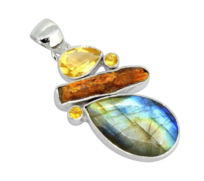 Necklaces YoTreasure Labradorite Orange Kyanite Solid 925 Sterling Silver Pendant Necklace