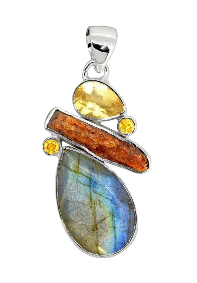 Necklaces YoTreasure Labradorite Orange Kyanite Solid 925 Sterling Silver Pendant Necklace