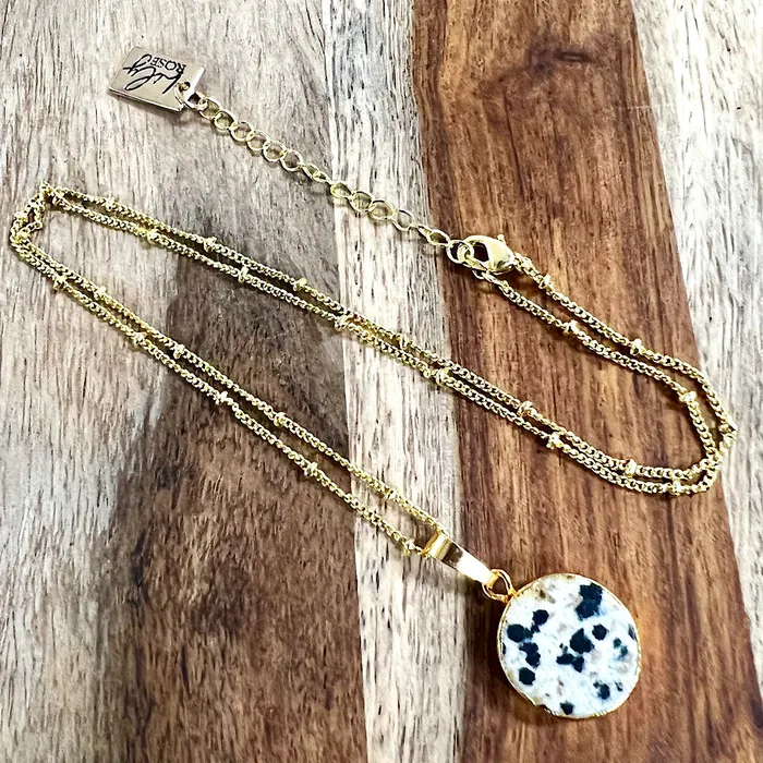 NEW STONE Dalmatian Jasper Inner Child Joy Thick Circle Pendant 18 Gold Necklace Lily Rose Jewelry Necklaces