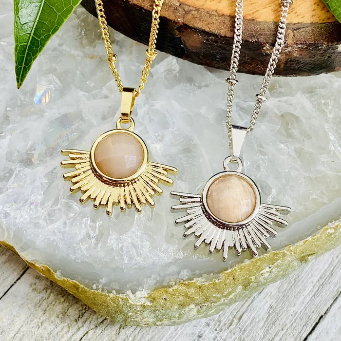 NEW STONE Sunstone Ray of Light Sunburst Confidence Sun Pendant 18 Gold Necklace Lily Rose Jewelry Necklaces