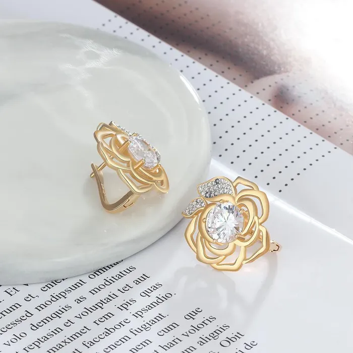 Personalized Jewel Earrings Gold Hoop Earrings Copper Romantic Flower Party Cubic Zirconia Classic Jewelry