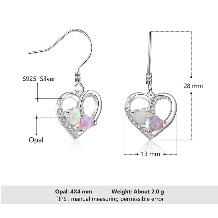 Personalized Jewel Earrings Heart Colorful Opal Stone Drop Earrings for Women 925 Sterling Silver Earring Fashion Jewelry Gift For Love