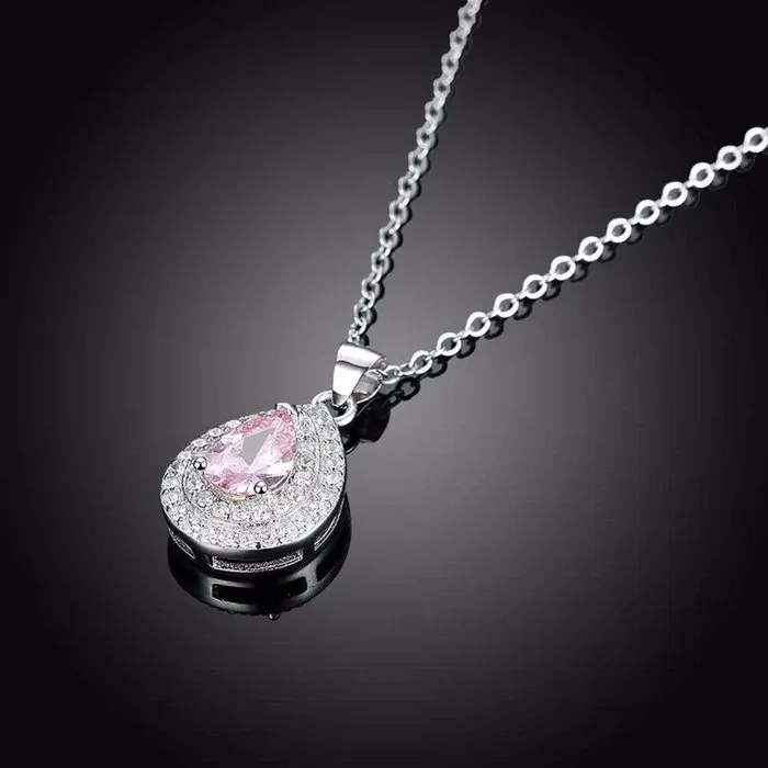 Personalized Jewel Necklaces Solid Womens 925 Sterling Silver Necklace with Water Drop Pink Stone Pendant Trendy Wedding Jewelry for Ladies