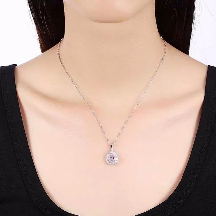 Personalized Jewel Necklaces Solid Womens 925 Sterling Silver Necklace with Water Drop Pink Stone Pendant Trendy Wedding Jewelry for Ladies