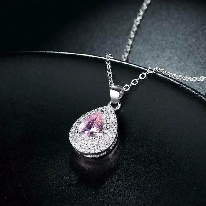 Personalized Jewel Necklaces Solid Womens 925 Sterling Silver Necklace with Water Drop Pink Stone Pendant Trendy Wedding Jewelry for Ladies