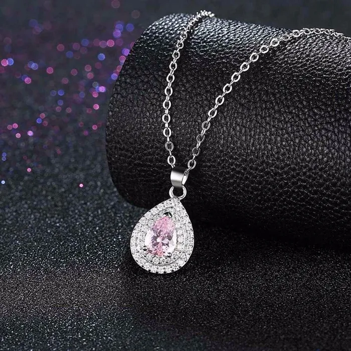 Personalized Jewel Necklaces Solid Womens 925 Sterling Silver Necklace with Water Drop Pink Stone Pendant Trendy Wedding Jewelry for Ladies
