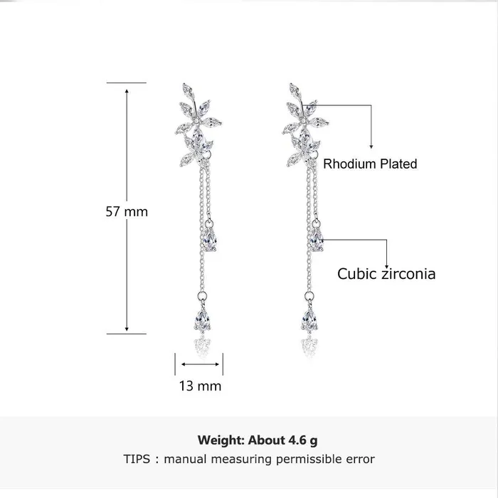 Personalized Jewel Trendy Flower Pattern with Long Tassels Drop Earrings for Women Rhodium Plated Silver Fashion Jewelry Gift Earrings