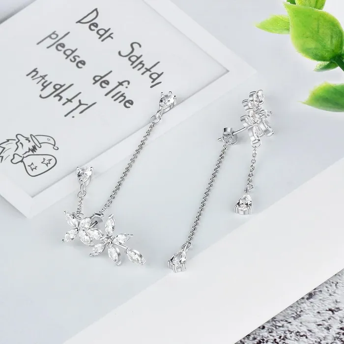 Personalized Jewel Trendy Flower Pattern with Long Tassels Drop Earrings for Women Rhodium Plated Silver Fashion Jewelry Gift Earrings