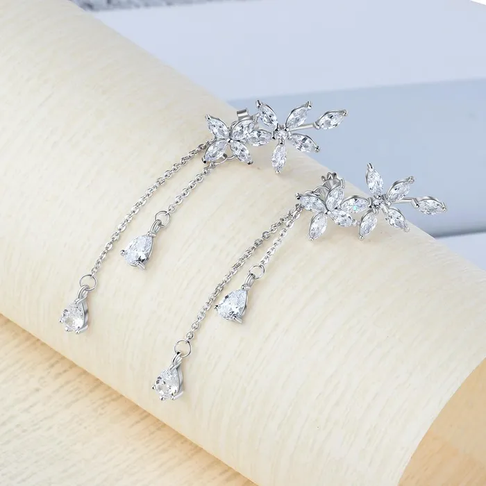 Personalized Jewel Trendy Flower Pattern with Long Tassels Drop Earrings for Women Rhodium Plated Silver Fashion Jewelry Gift Earrings