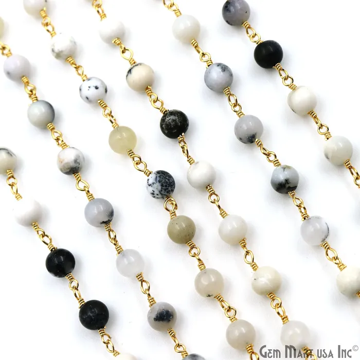 PreStyled Sets GemMartUSA Dendrite Opal Smooth Beads 4mm Gold Wire Wrapped Rosary Chain PreStyled Sets GemMartUSA Dendrite Opal Smooth Beads 4mm Gold Wire Wrapped Rosary Chain