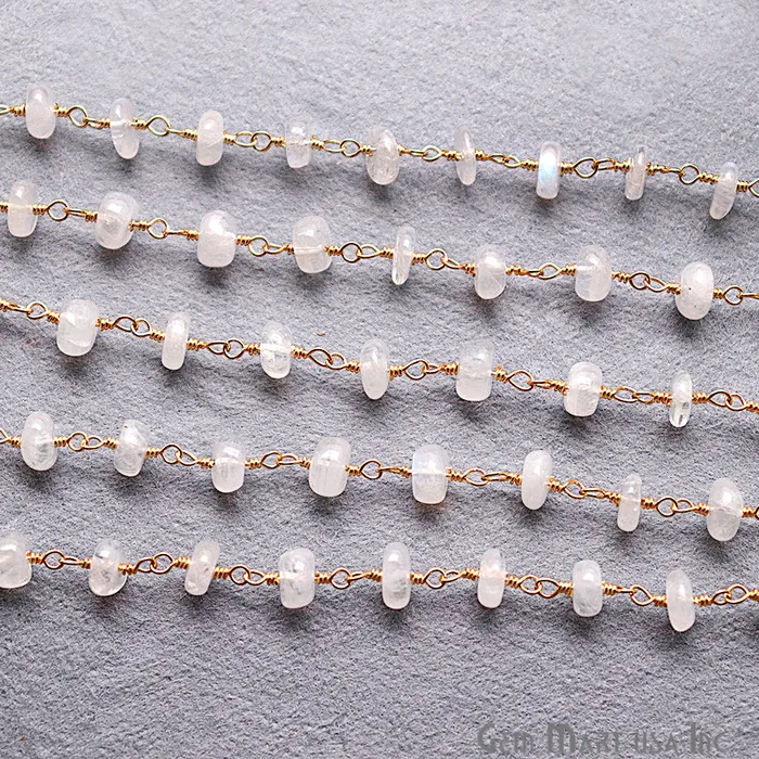 Rainbow Moonstone Smooth Beads Gold Plated Wire Wrapped Rosary Chain GemmartUSA Necklaces Rainbow Moonstone Smooth Beads Gold Plated Wire Wrapped Rosary Chain GemmartUSA Necklaces