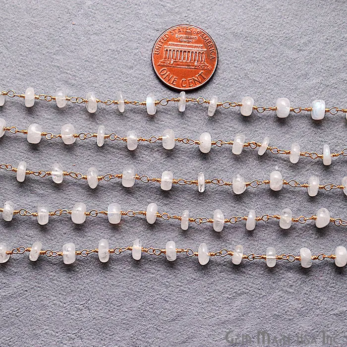 Rainbow Moonstone Smooth Beads Gold Plated Wire Wrapped Rosary Chain GemmartUSA Necklaces Rainbow Moonstone Smooth Beads Gold Plated Wire Wrapped Rosary Chain GemmartUSA Necklaces