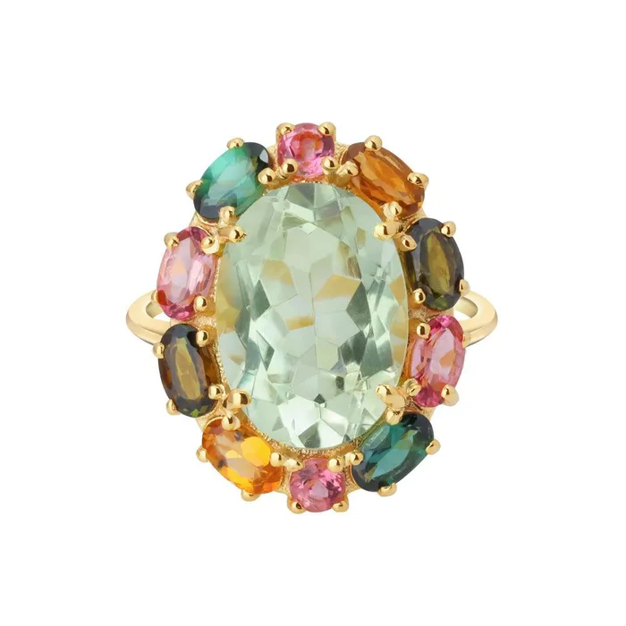 Rings YoTreasure Green Amethyst Tourmaline 14K Gold Plated Over 925 Silver Cluster Ring Rings YoTreasure Green Amethyst Tourmaline 14K Gold Plated Over 925 Silver Cluster Ring