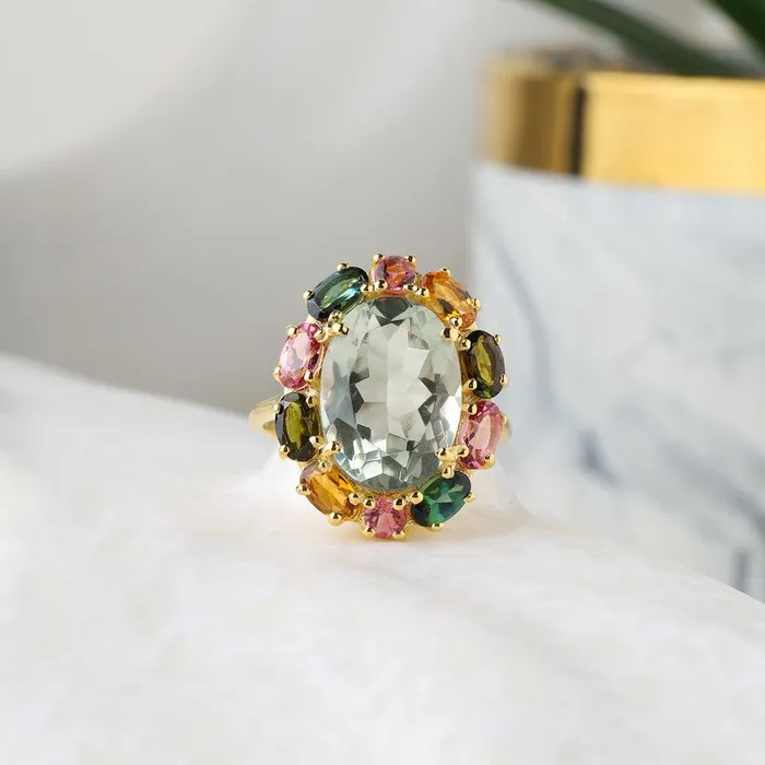 Rings YoTreasure Green Amethyst Tourmaline 14K Gold Plated Over 925 Silver Cluster Ring