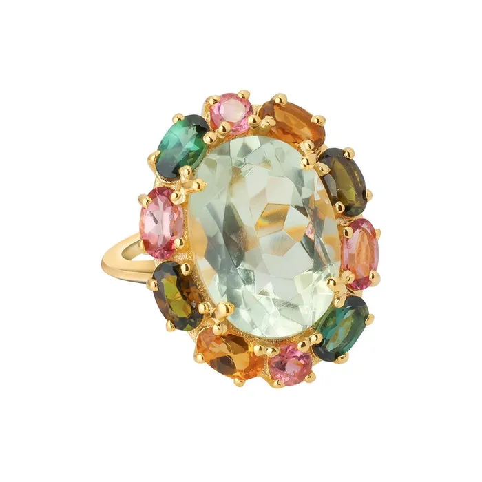 Rings YoTreasure Green Amethyst Tourmaline 14K Gold Plated Over 925 Silver Cluster Ring