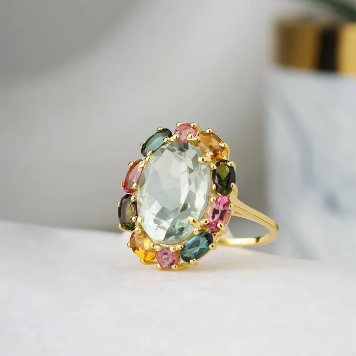 Rings YoTreasure Green Amethyst Tourmaline 14K Gold Plated Over 925 Silver Cluster Ring