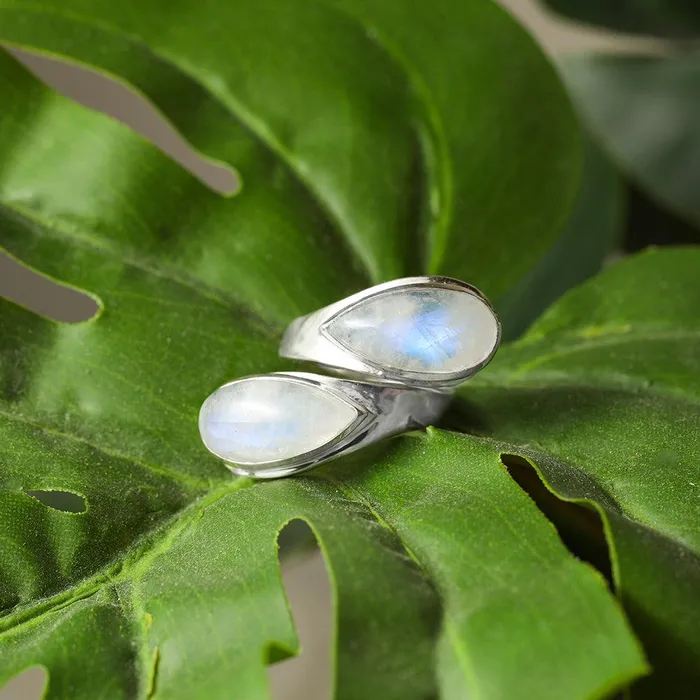 YoTreasure 8x16 MM Moonstone Bypass Ring 925 Sterling Silver Jewelry Rings