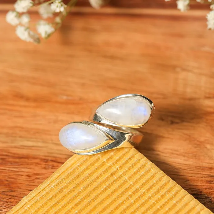 YoTreasure 8x16 MM Moonstone Bypass Ring 925 Sterling Silver Jewelry Rings