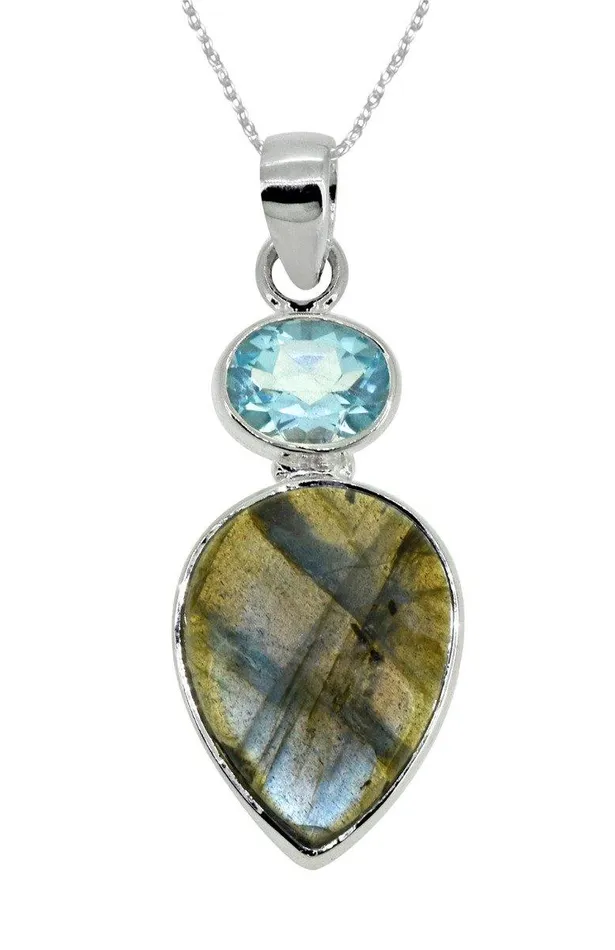 YoTreasure Necklaces 161 Labradorite Blue Topaz Solid 925 Sterling Silver Chain Pendant Jewelry