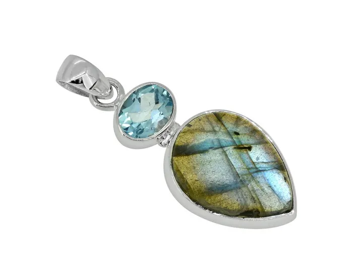 YoTreasure Necklaces 161 Labradorite Blue Topaz Solid 925 Sterling Silver Chain Pendant Jewelry