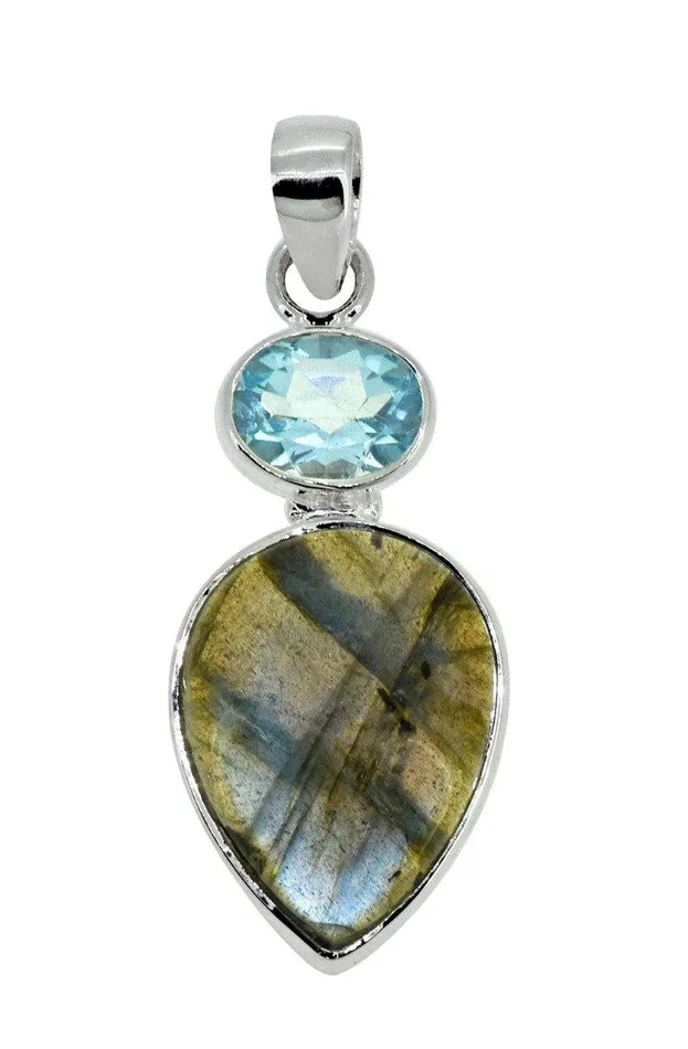 YoTreasure Necklaces 161 Labradorite Blue Topaz Solid 925 Sterling Silver Chain Pendant Jewelry