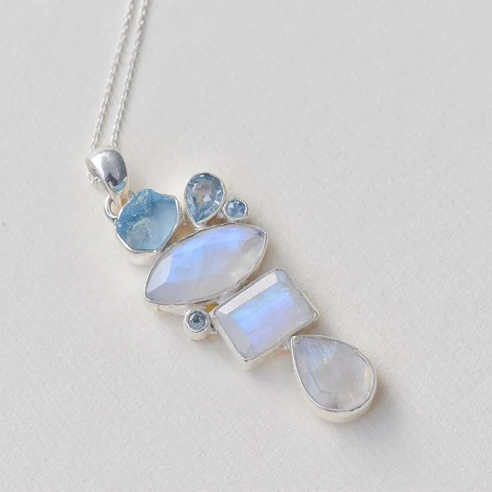 YoTreasure Necklaces 216 Moonstone Blue Topaz Solid 925 Sterling Silver Chain Pendant