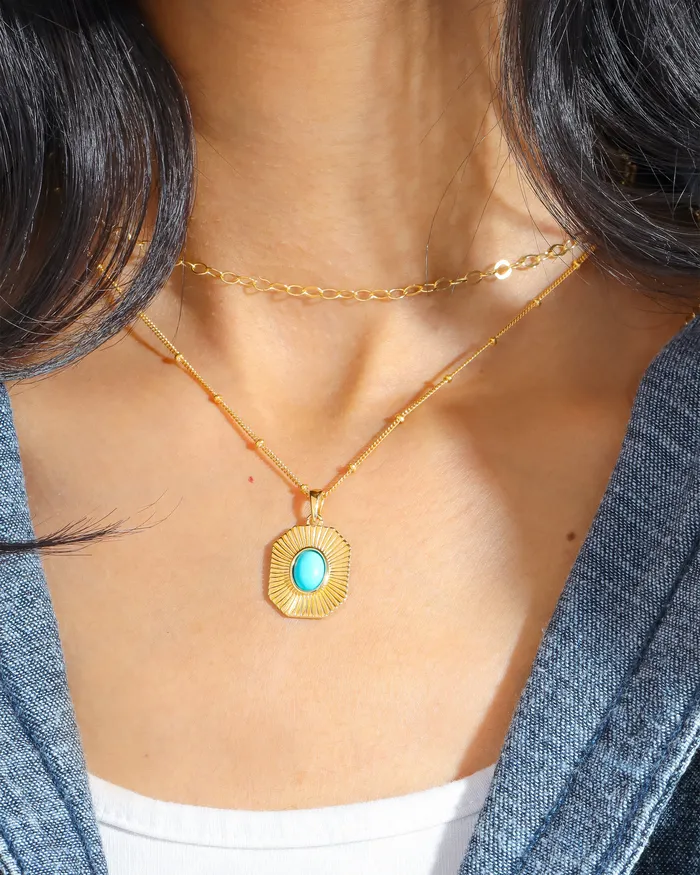 YoTreasure Necklaces Arizona Turquoise Signet Necklace Solid 14K Gold Plated Over 925 Sterling Silver Chain Pendant Jewelry