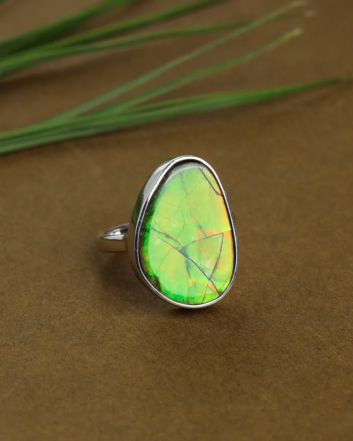 YoTreasure Rings 1005 Ct Ammolite Ring Solid 925 Sterling Silver Jewelry