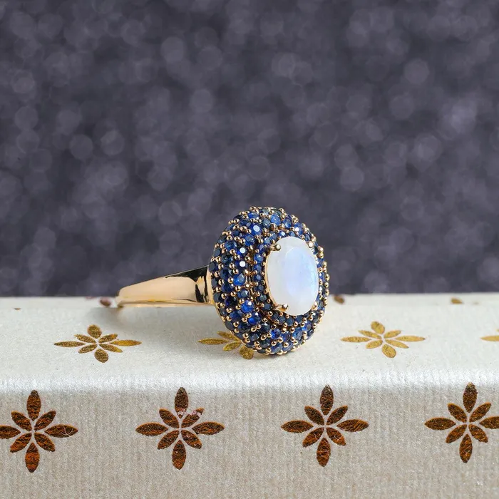 YoTreasure Rings 217 Ct Moonstone Blue Sapphire 14K Yellow Gold Chunky Ring