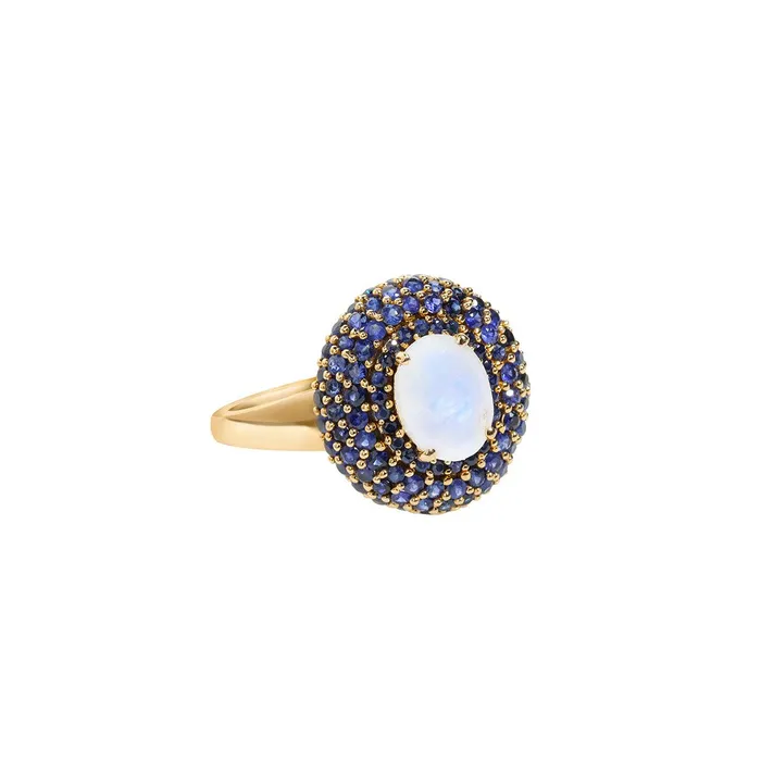 YoTreasure Rings 217 Ct Moonstone Blue Sapphire 14K Yellow Gold Chunky Ring