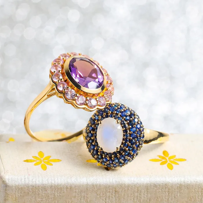 YoTreasure Rings 217 Ct Moonstone Blue Sapphire 14K Yellow Gold Chunky Ring