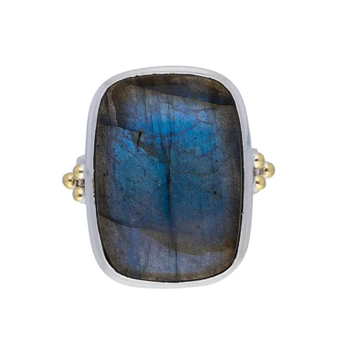 YoTreasure Rings Labradorite Statement Ring Solid 925 Sterling Silver With Brass Accents YoTreasure Rings Labradorite Statement Ring Solid 925 Sterling Silver With Brass Accents