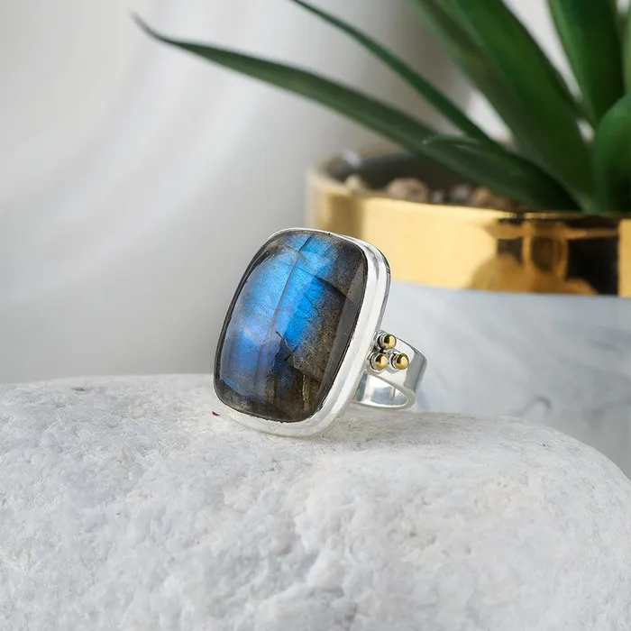 YoTreasure Rings Labradorite Statement Ring Solid 925 Sterling Silver With Brass Accents