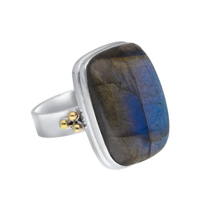 YoTreasure Rings Labradorite Statement Ring Solid 925 Sterling Silver With Brass Accents