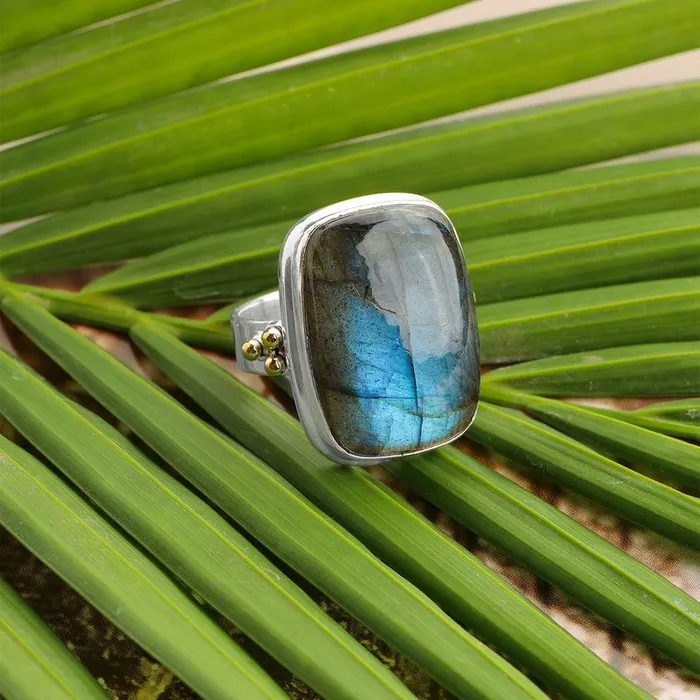 YoTreasure Rings Labradorite Statement Ring Solid 925 Sterling Silver With Brass Accents