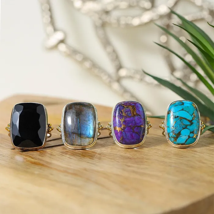 YoTreasure Rings Labradorite Statement Ring Solid 925 Sterling Silver With Brass Accents
